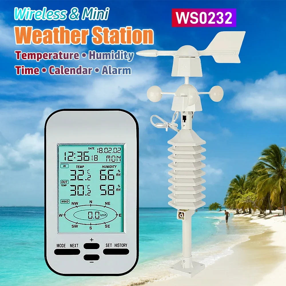 NEW! WS0232 Wireless Weather Station Anemometer Wind Speed Direction Sensor Meteorometer Digital Wind Temperature Humidity Meter