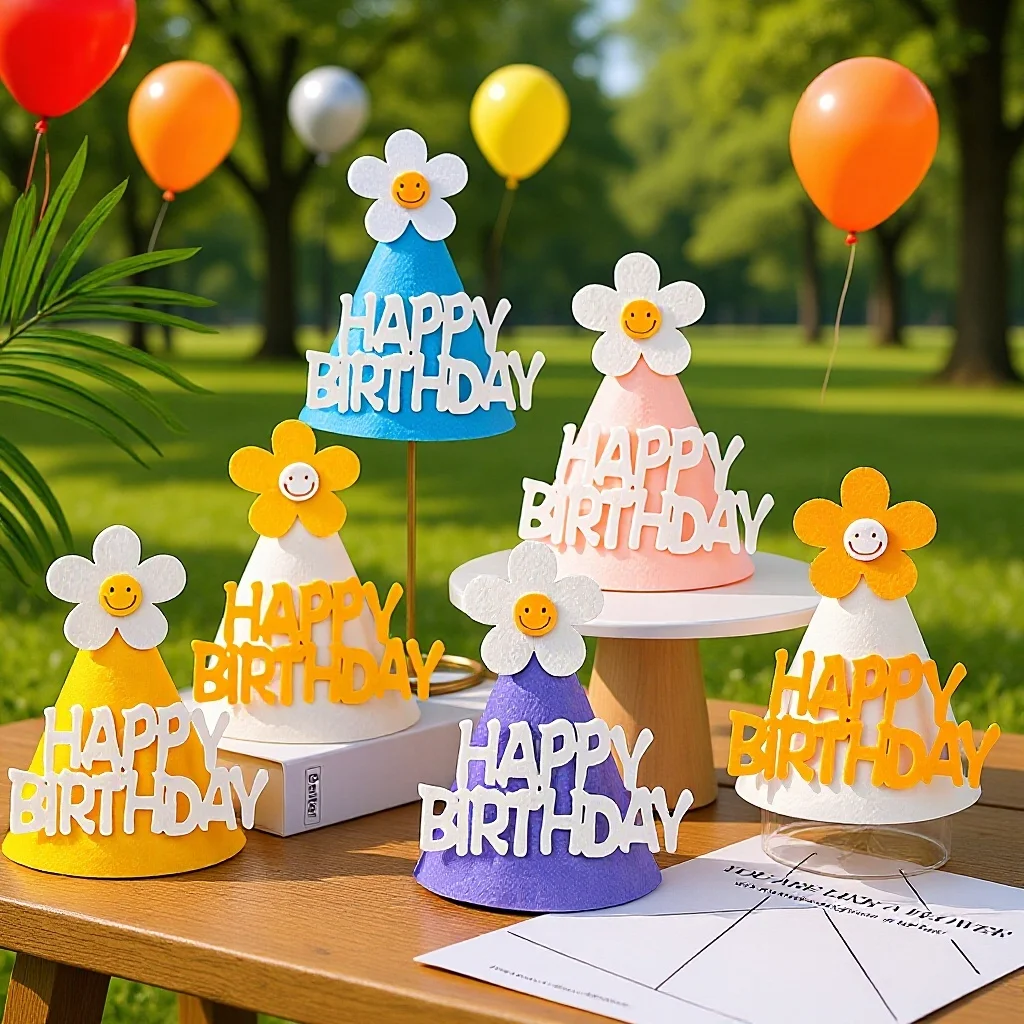 

Happy Birthday Felt Hat Bowknot Cone Hats Flower Strawberry Cap Baby's DIY Handmade Crown Cute Party Supplies for Adult Kids