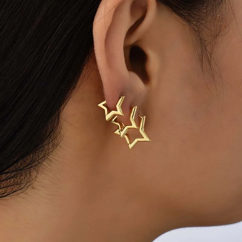 6Pcs/Set Vintage Glossy Chic Silver Color Star Hoop Earrings for Women Retro Pentagram Huggie Hoops Daily Wear Jewelry