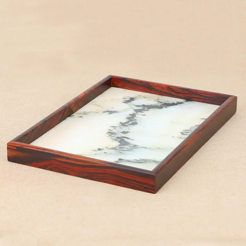 Redwood Tray for Storing Red Acid Branches Embedded in Marble Rectangular Tray