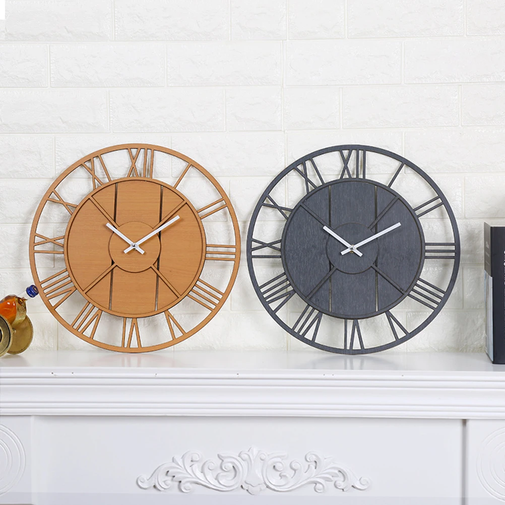

13.7 Inch Roman Numeral Wall Clock Decorative Wood Hollowed Out Numbers Vintage Bedroom Living Room Office Style