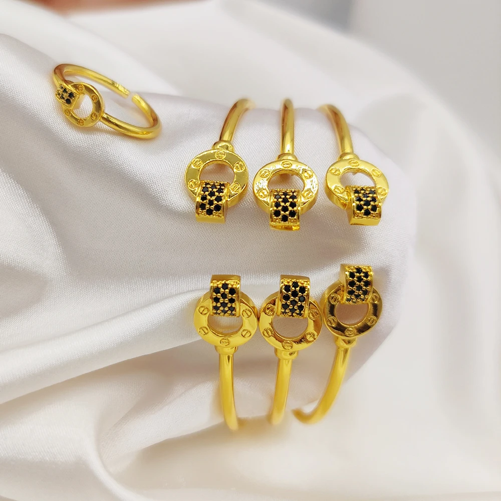 Fashion 3pcs Bangles with Ring Luxury Gold Color Black Zircon Charm Bracelet for Women African Wedding Hand Jewelry Party Gifts image 4