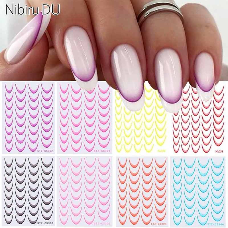 Colorful French Line Nail Art Stickers Gradient Color French Tip Design Nail Decals 3D Nail Tips Guides for Manicure Decoration