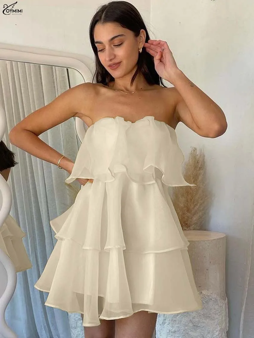 Oymimi-vestido informal con volantes de color albaricoque para mujer, vestidos a la moda de cintura alta con espalda abierta, minivestidos plisados con cremallera elegante, ropa de calle