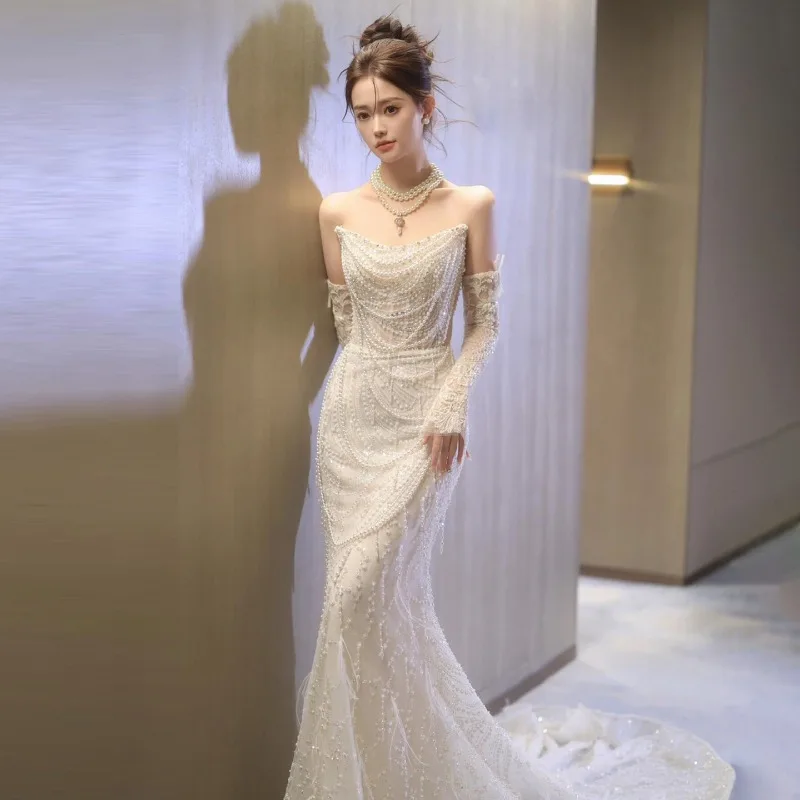 

Роскошные платья для выпускного вечера без бретелек с бисером, блестящие платья de noiva со съемными рукавами, вечернее платье по индивидуальному заказу