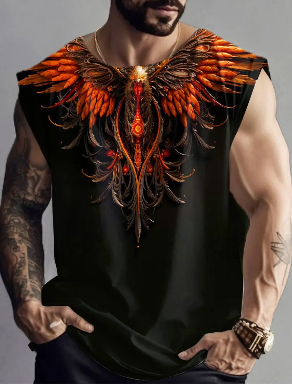 

New 3D Printed Men's Sleeveless T Shirts Sacred Phoenix Pattern Novelty Gothic Tees Outdoor Sweat Absorbing Breathable Male Tops