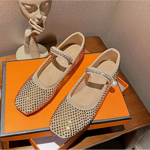 

Square mesh full of diamond pearls Mary Jane women's single shoes 2024 summer size flat sandals women shoes