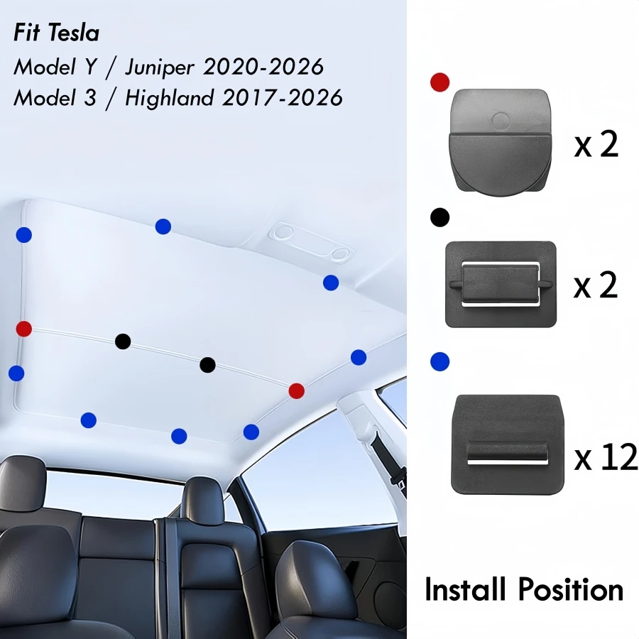 16PCS Roof Sunshade Clips For Tesla Model 3 Y Highland Juniper 2017-2025 2026 Roof Shade Installation Insert Buckles