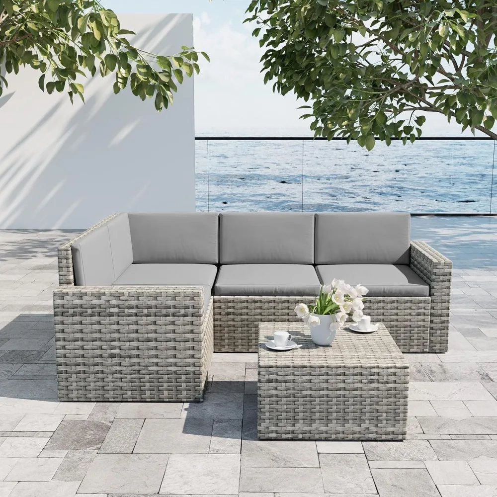 5-Piece Outdoor Patio Furniture Set, Wicker Conversation Set, Modular Furniture Set with Cushions, Coffee Table, L-Shaped