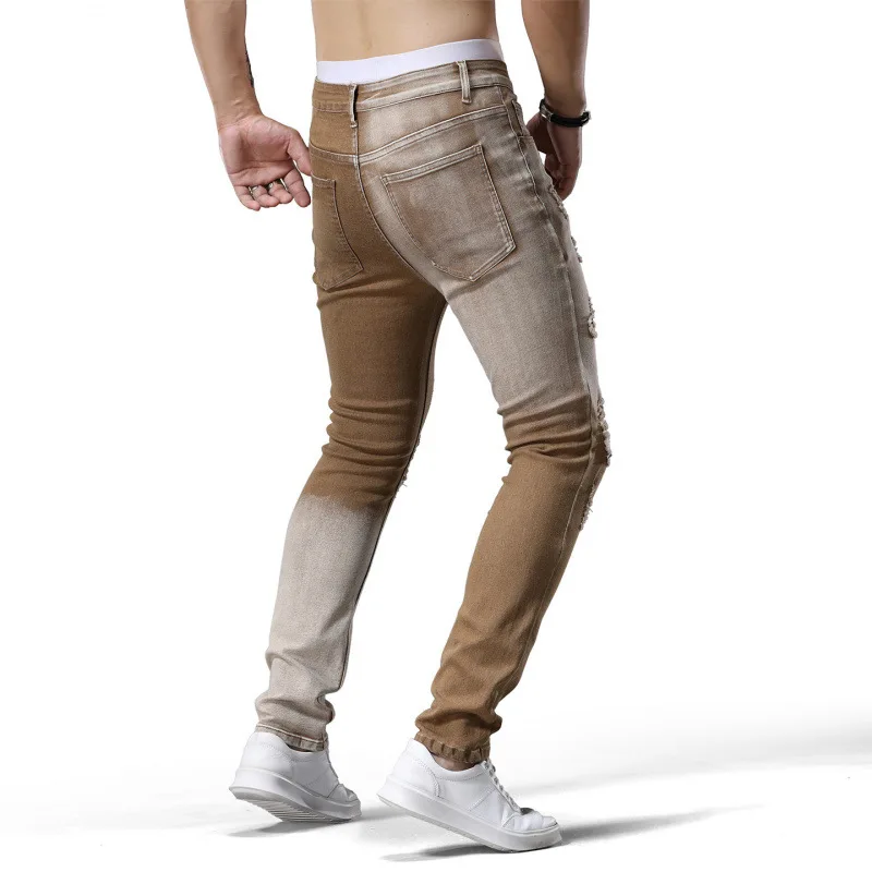 Distressed Men's Pants Retro Nostalgic Color Block Design Jeans Trendy Street Style Colorful Stylish Skinny Pants