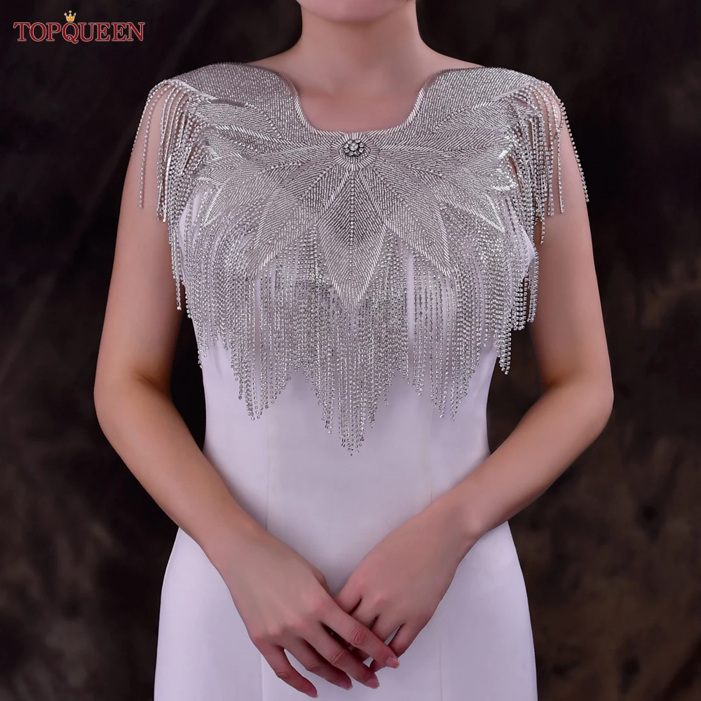 TOPQUEEN-Aplique de borla de cuello de diamantes de imitación, chal de boda, chaqueta, vestido, accesorios de decoración, Bolero de encogimiento de hombros nupcial, SP59