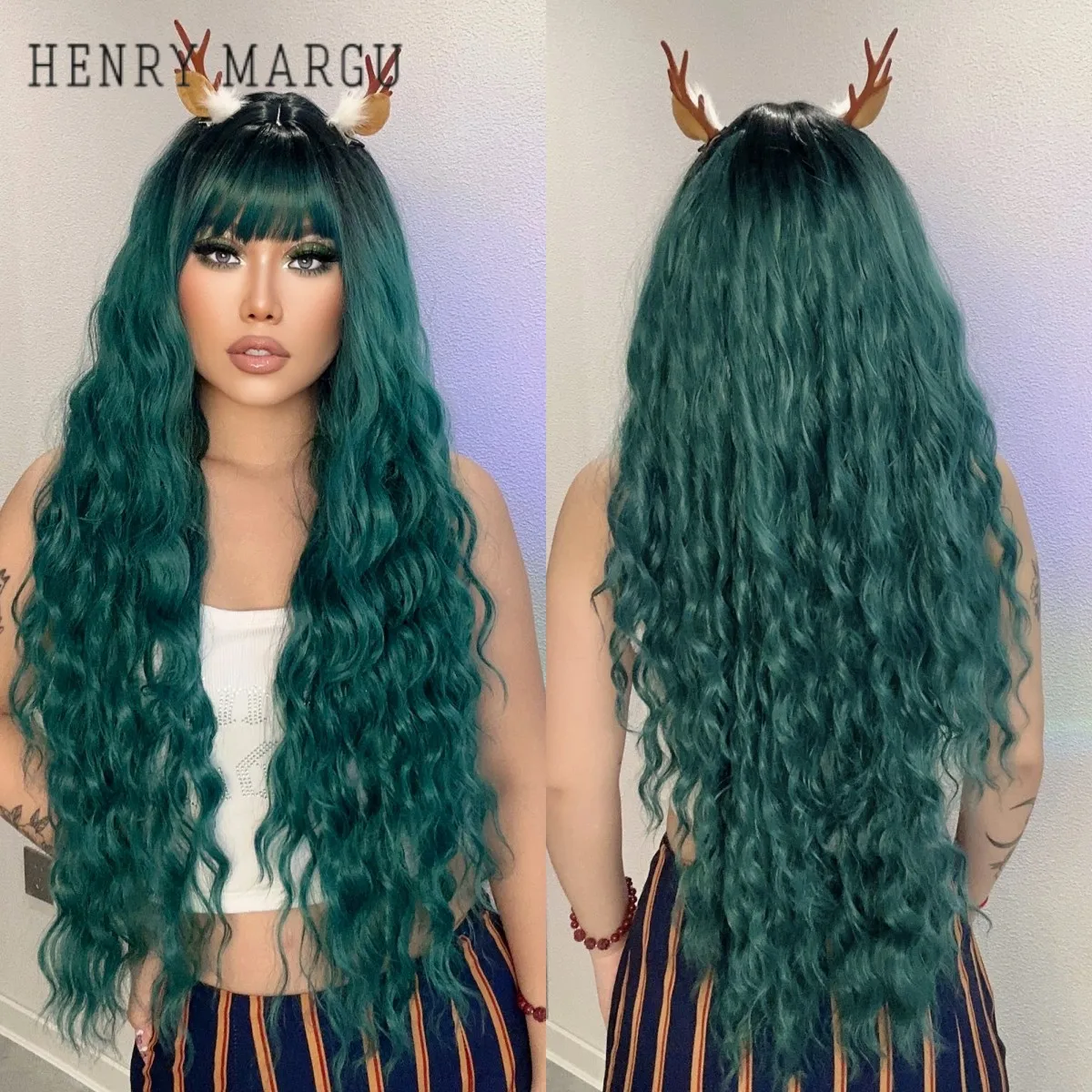 HENRY MARGU wig sintetis hijau panjang dengan poni gaya rambut bergelombang alami untuk wanita wig serat tahan panas pesta Cosplay