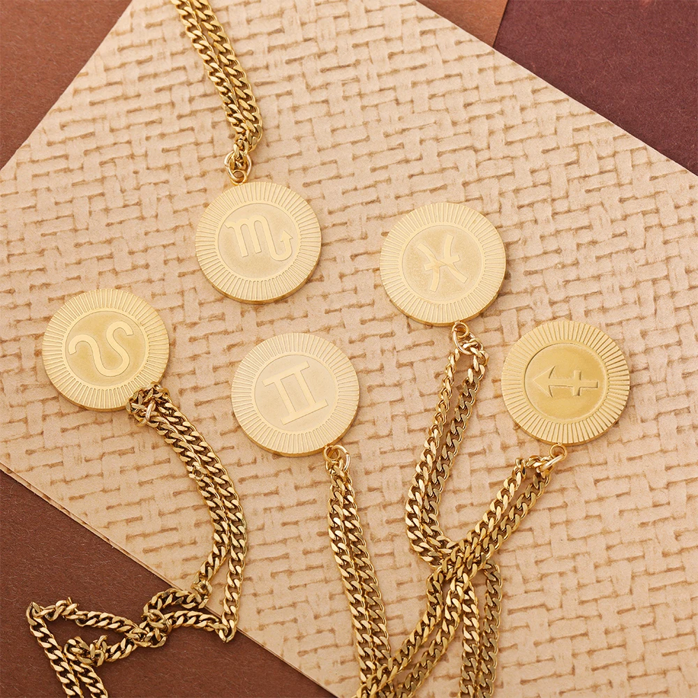 12 كوكبة رموز قلادة دائرية 18K مطلية بالذهب مقاوم للماء أسلوب فاسق جولة الرقبة مجوهرات هدية عيد ميلاد ل As #3