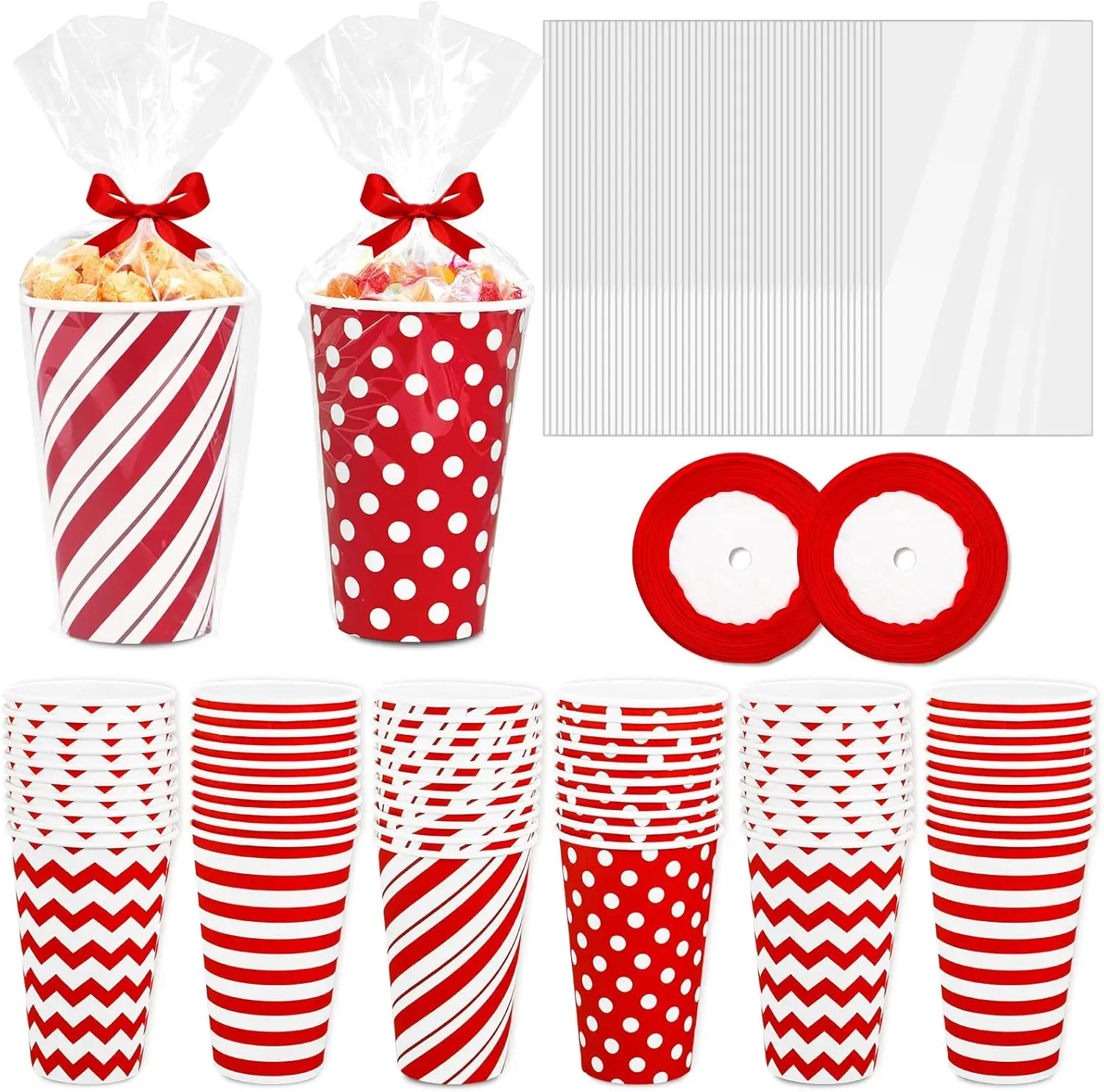

100 Pcs Valentine's Day Paper Cups with Cellophane Bags Ribbon 16 Oz Red White Minimalist Dots Stripes Disposable Coffee