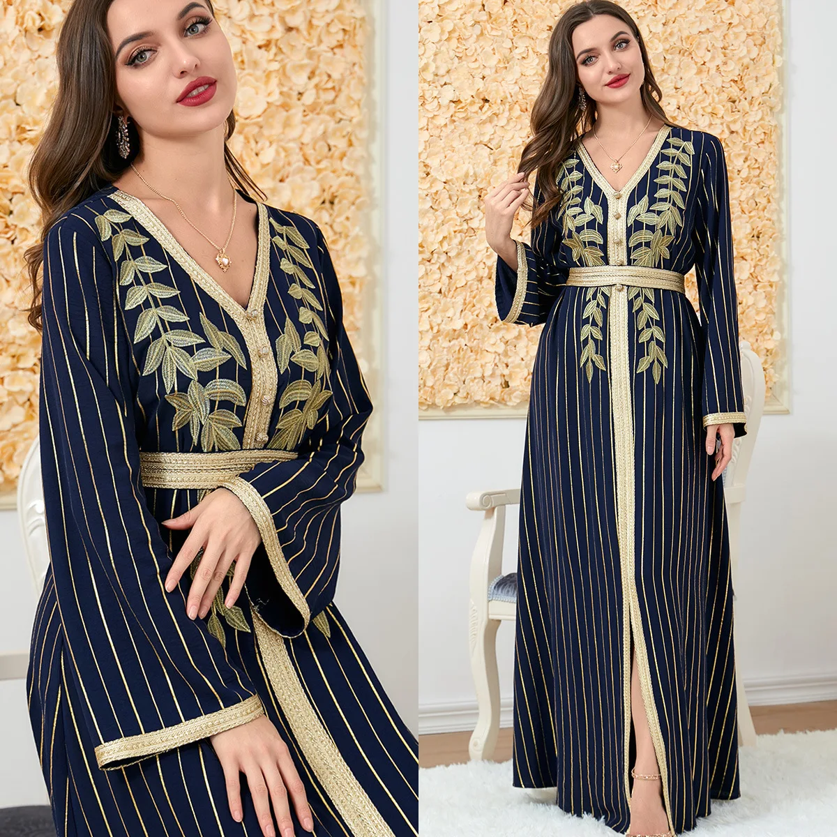 

2023 New Turkey Muslim Dress Women Abaya V-Neck Embroidery Belted Morocco Kaftan Elegant Stripe Long Sleeve Party Evening Dress