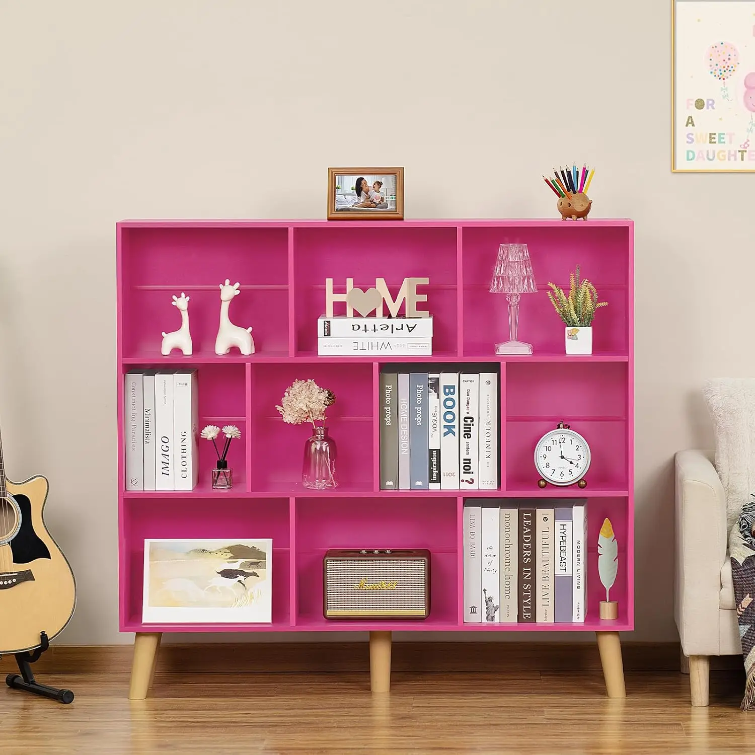 رف كتب مكون من 10 مكعبات، خزانة كتب وردية حديثة مكونة من 3 طبقات مع أرجل، رف تخزين واسع لغرفة النوم وغرفة المعيشة والمكتب والمنزل الدافئ