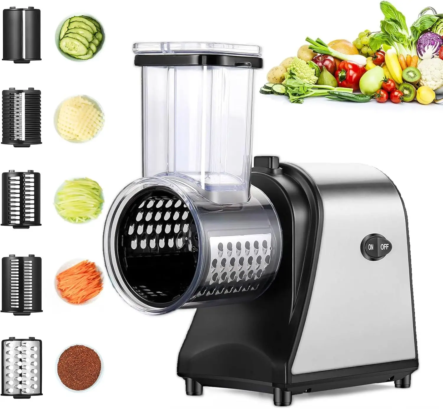 

Electric Cheese Grater, 250W Slicer Shredder with 5 Blade Shapes for Fruits, Vegetables, Salad – One-Touch Control