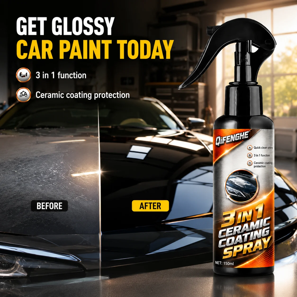 Hydrophobic 3-in-1 Ceramic Nano Coating Spray for Car Auto Exterior Polish Paint Remove Swirls High Gloss Durable 150ml