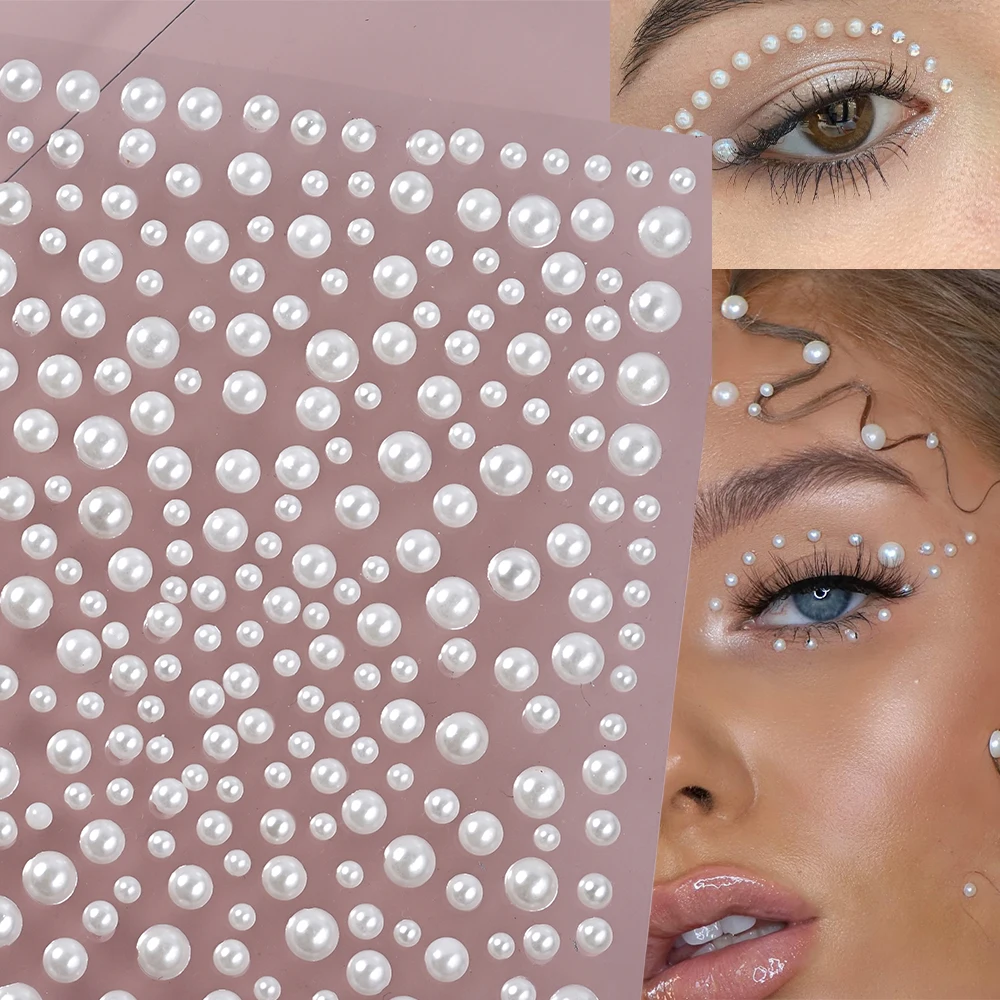 1 Sheet 3D Pearls Face Stickers Mix size Pearls Self Adhesive Stickers Half Round Pearls for Festive Face DIY Makeup Decorations