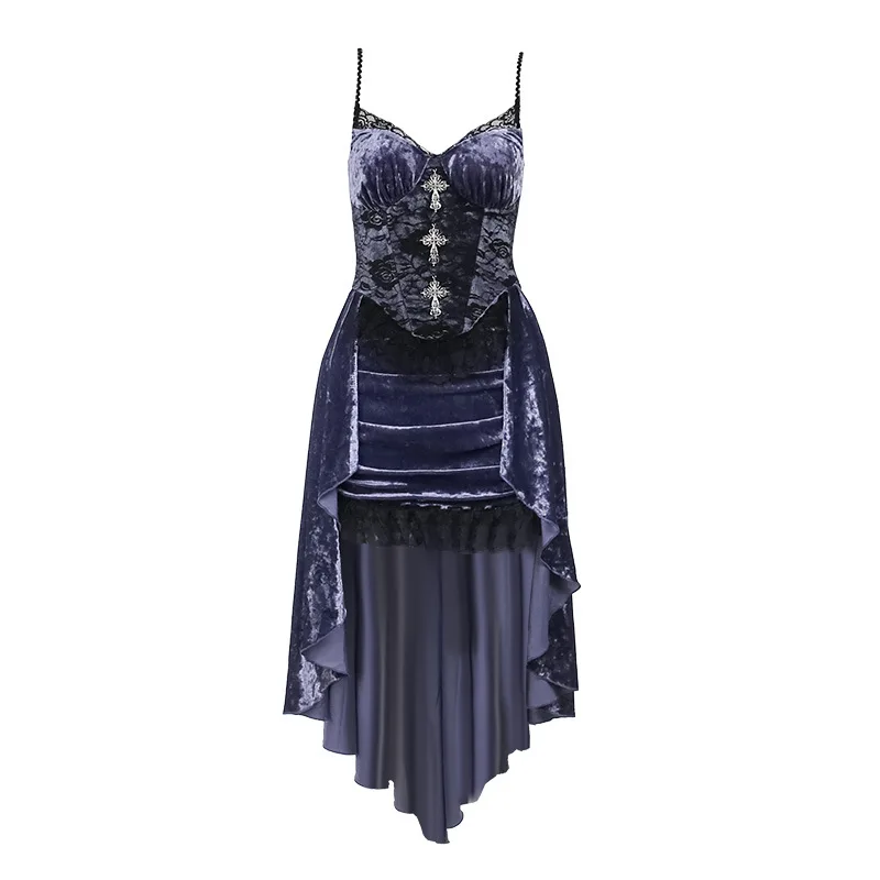 NONSAR Goth Dark Gorgeous Victorian กํามะหยี่ A-Line หญิงชุดราตรี Lolita Partywear Grunge สลิงลูกไม้ Hem Dress