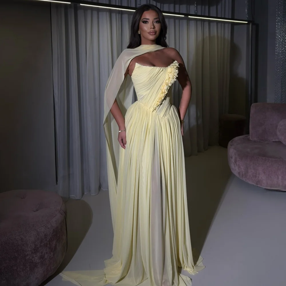 

Customized Elegant Fashion Chiffon Handmade Flower Pleat A-line Strapless Long Dresses Bespoke Occasion Dresses Sizes Available