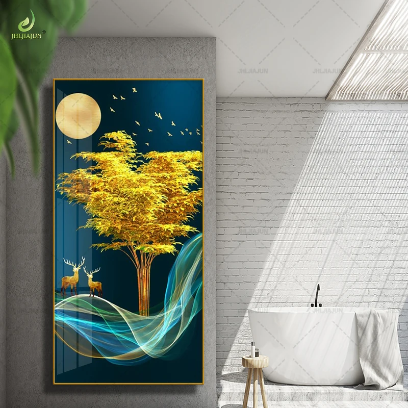 Golden Leaf and Deer Pattern Entrance Background Gold Frame Crystal Porcelain Mural Home Decoration LED Wall Art