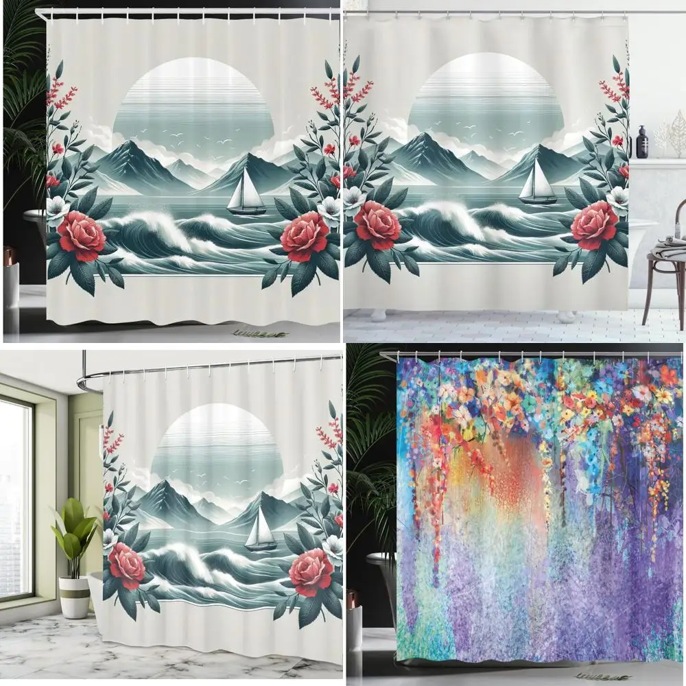 

занавеска для душа морской тематики - серен морской пейзаж, дикие розы, парусник на ткани