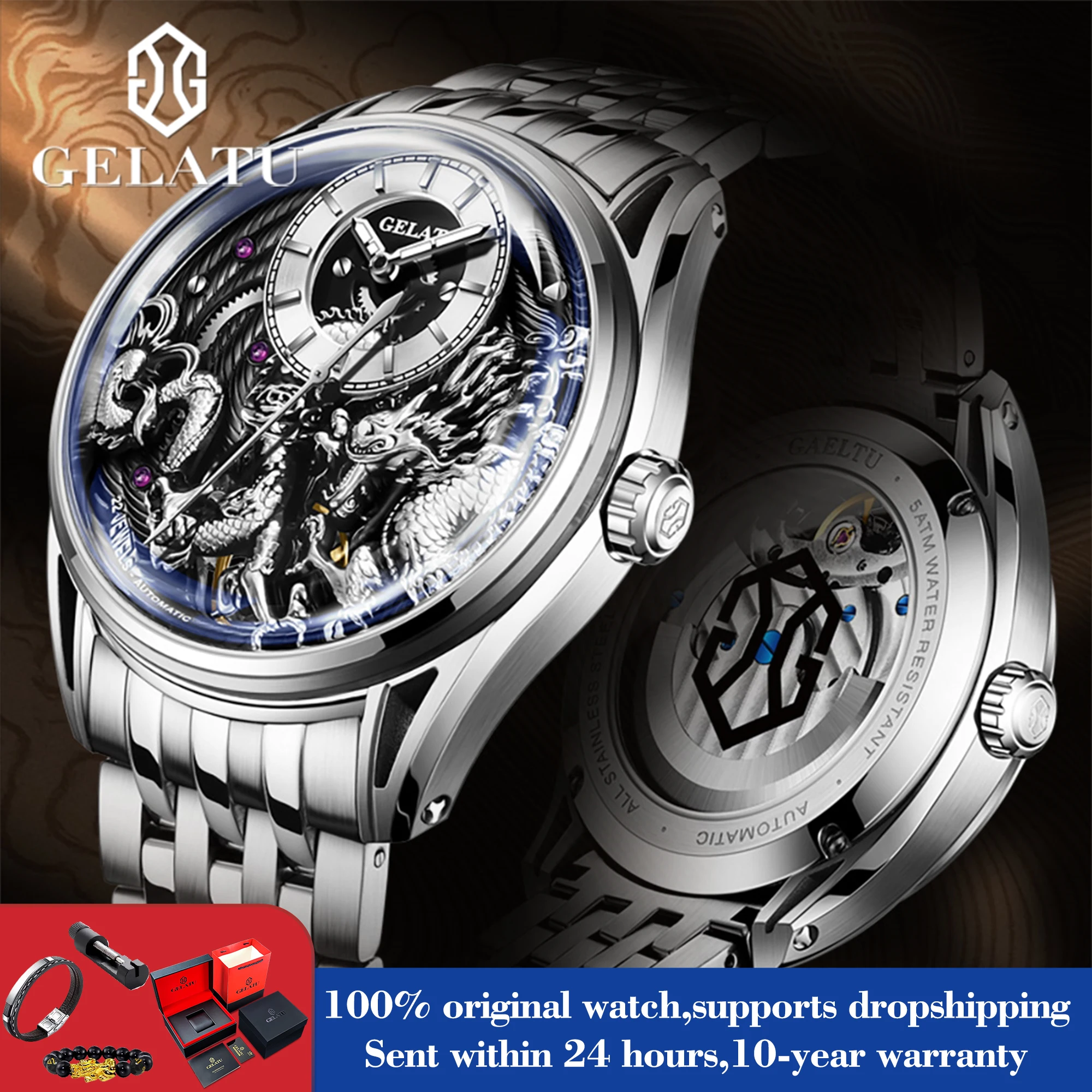 

GELATU 6018 Hollow Dragon Mechanical Watch For Men Luxury Deep Waterproof Business Hand Clock Synthetic Sapphire Mirror Watches