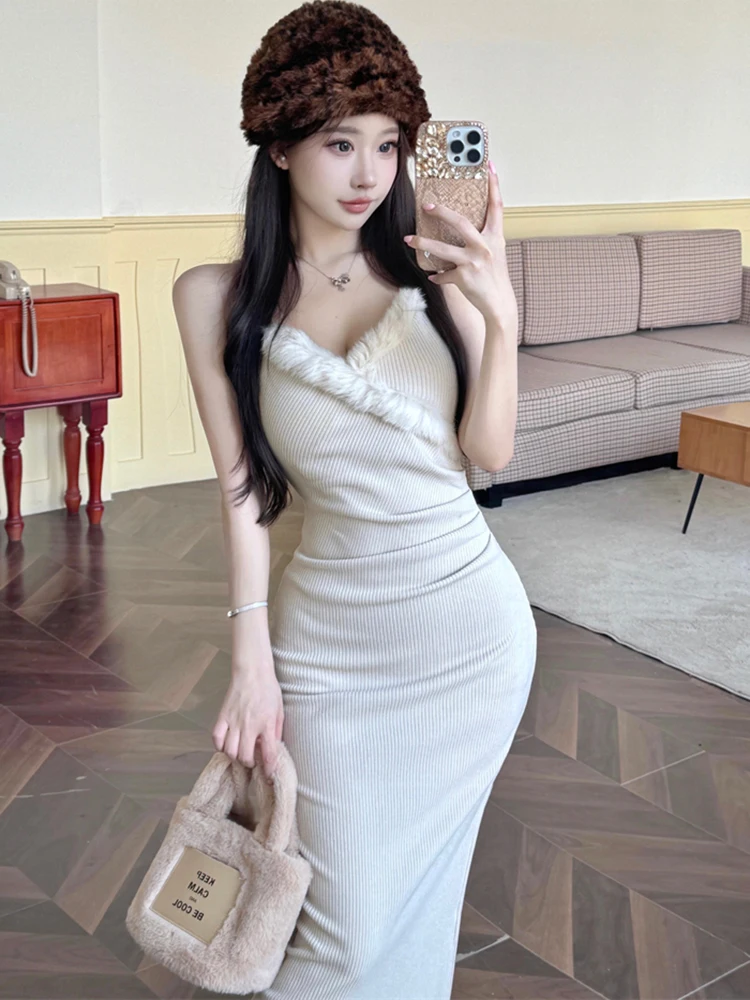 الخريف الشتاء الصلبة محبوك يتدفقون حبال مثير فستان طويل المرأة أنيقة فستان حفلة الرقص 2025 الكورية خمر فستان حفلة موسيقية فاخر #3