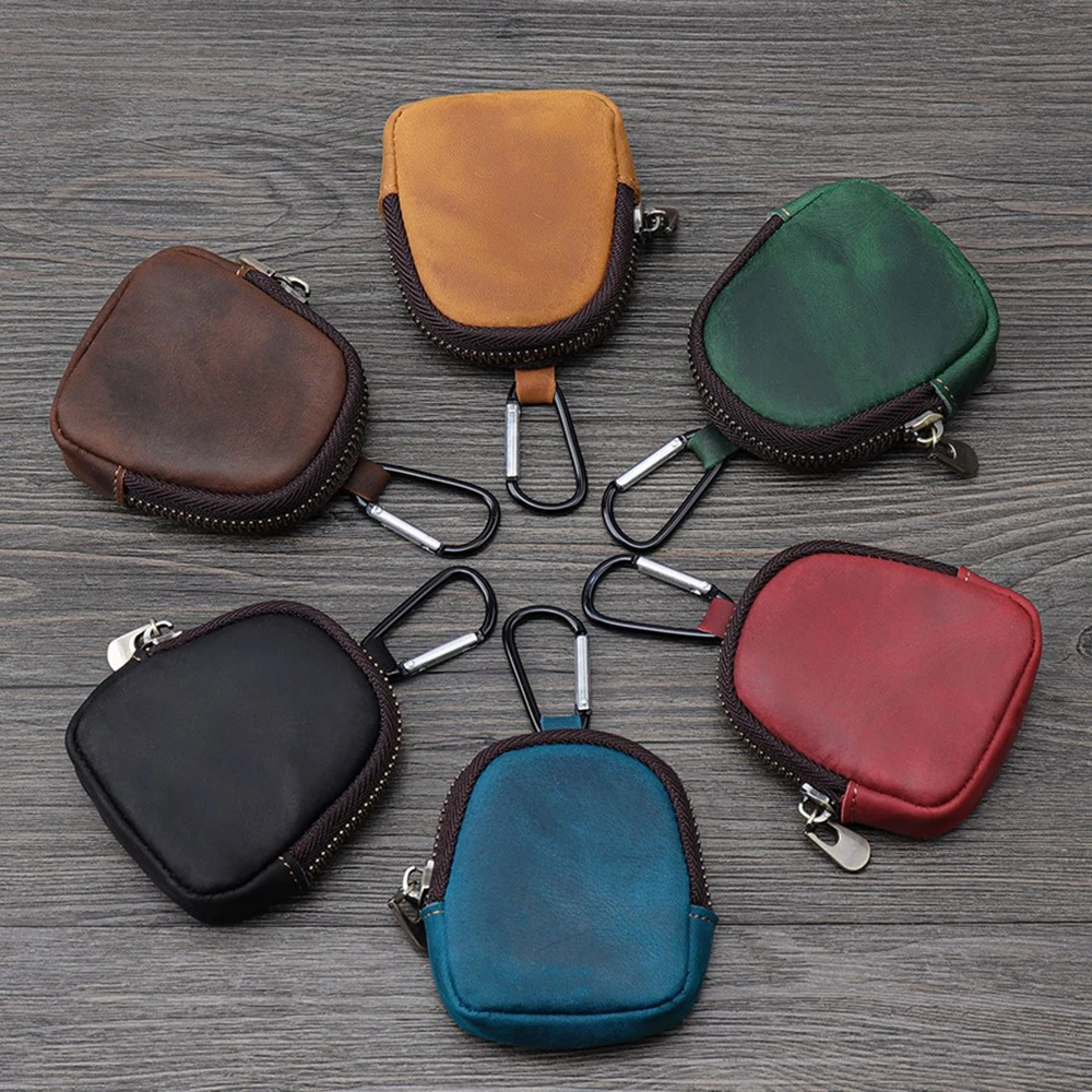 1PC Mini Leather PU Zipper Pouch Cash Bag Keychain Carabiner Buckle Simple Coins Purse Keyring Bag Accessory Backpack Key Orname