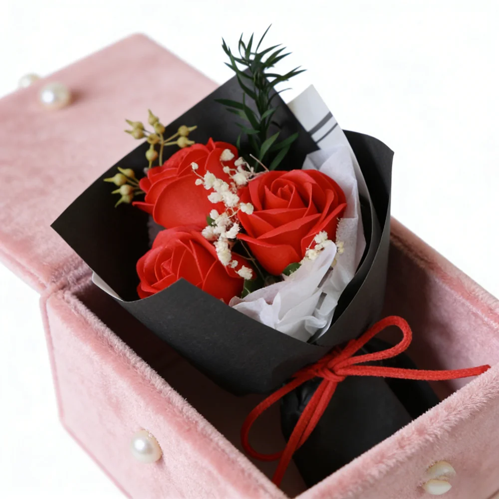 3 Heads Artificial Rose Flower Bouquet Mini Hand Holding Soap Flowers Valentine's Day Mothers Day Gifts Birthday Wedding Decor