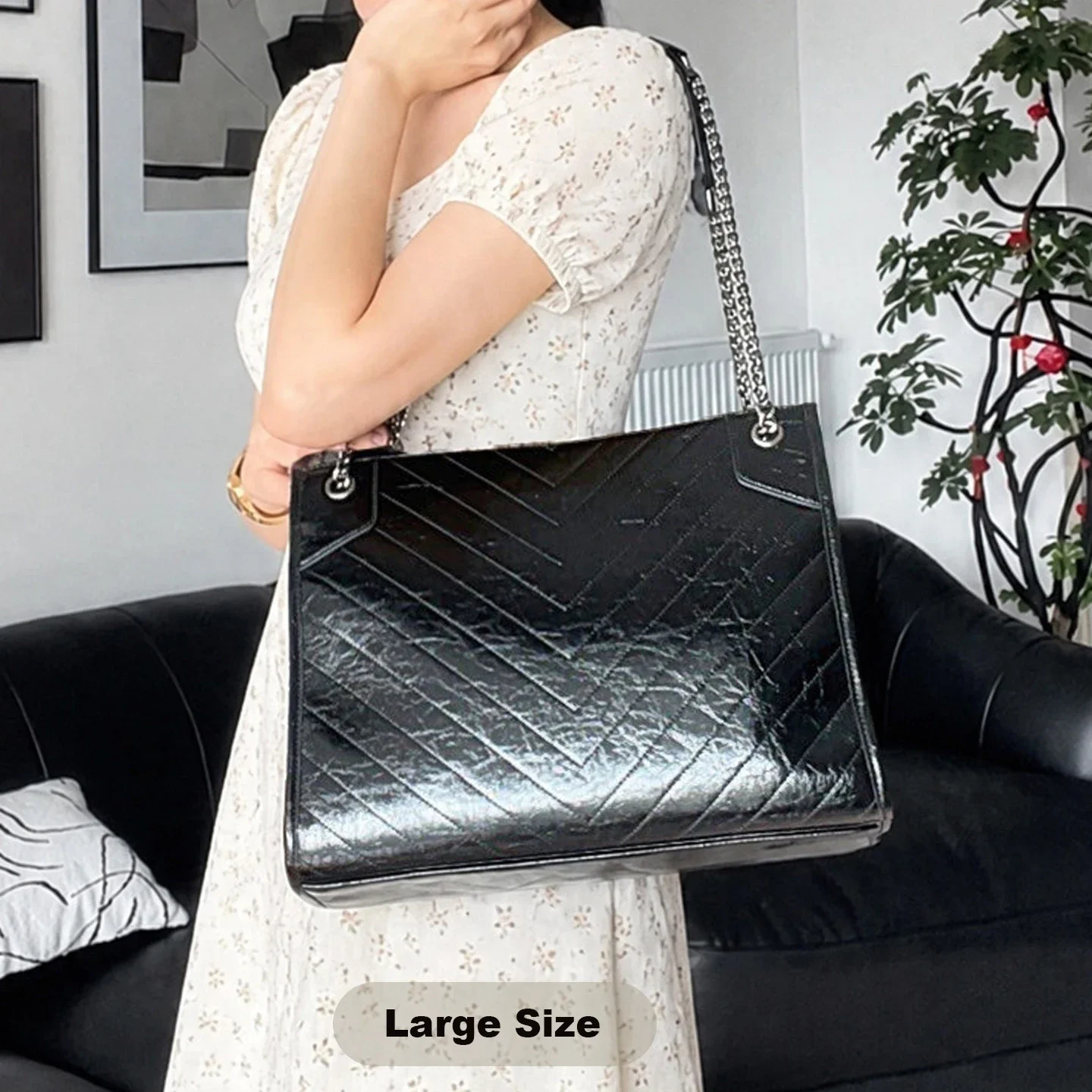 Women's Chevron Chain Tote Bag Split Cowhide Leather Large Capacity Open Top Shoulder Underarm Bag Daily Casual Commuter Bag
