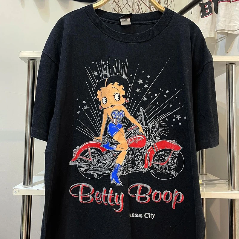 

Betty Boop Vintage Amei Kaki Американская ретро мужская и женская модная футболка с открытыми плечами и короткими рукавами
