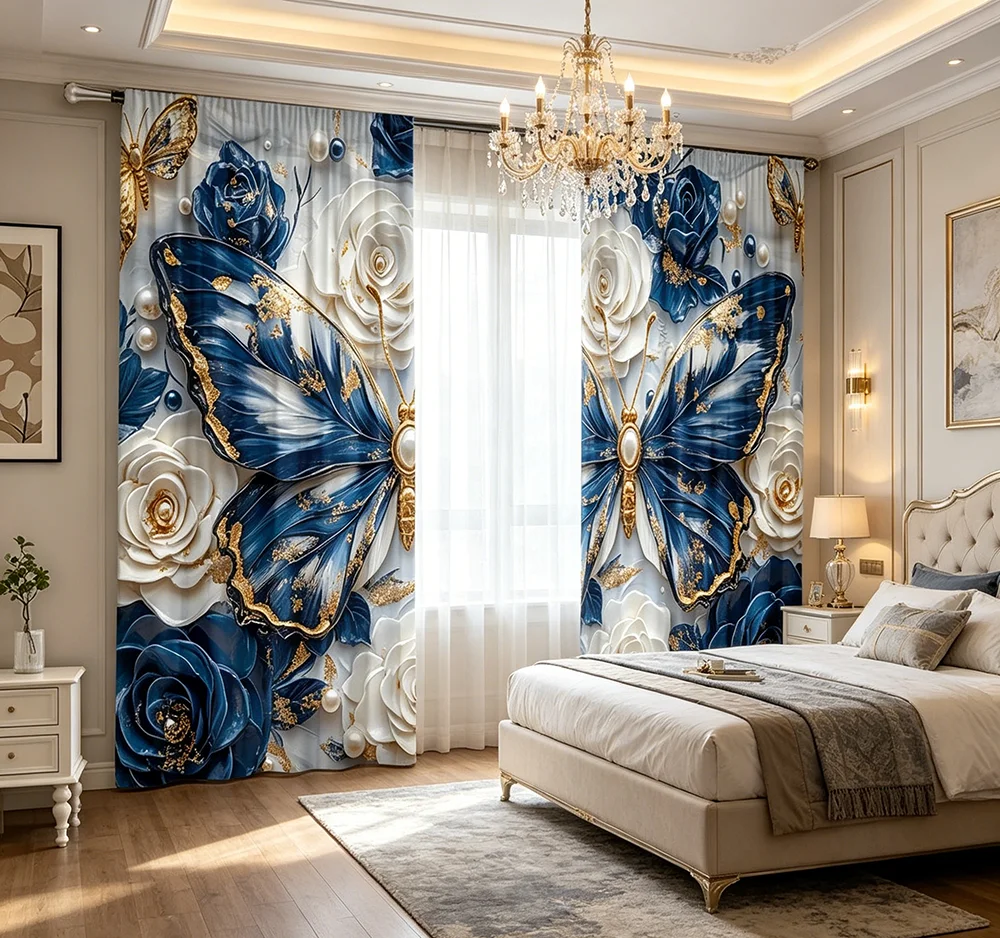 2PCS Digital Printed Curtains, Blue White Rose Pattern, Classic French Elegant Floral Style for Living Room Bedroom Home Decor