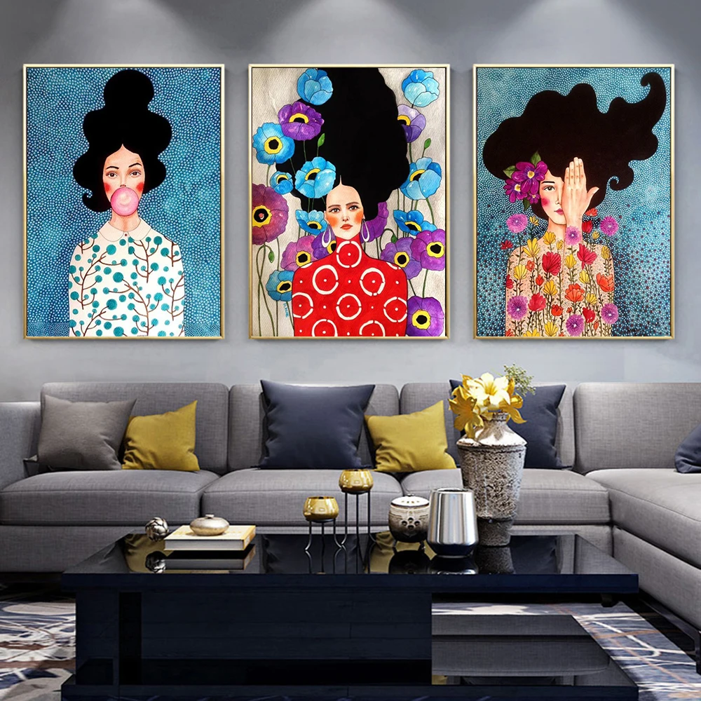 Nordic Girl Hair Flower Bird Canvas Painting Abstract Figure Character Colorful Posters Prints Wall Art Picture for Home Decor