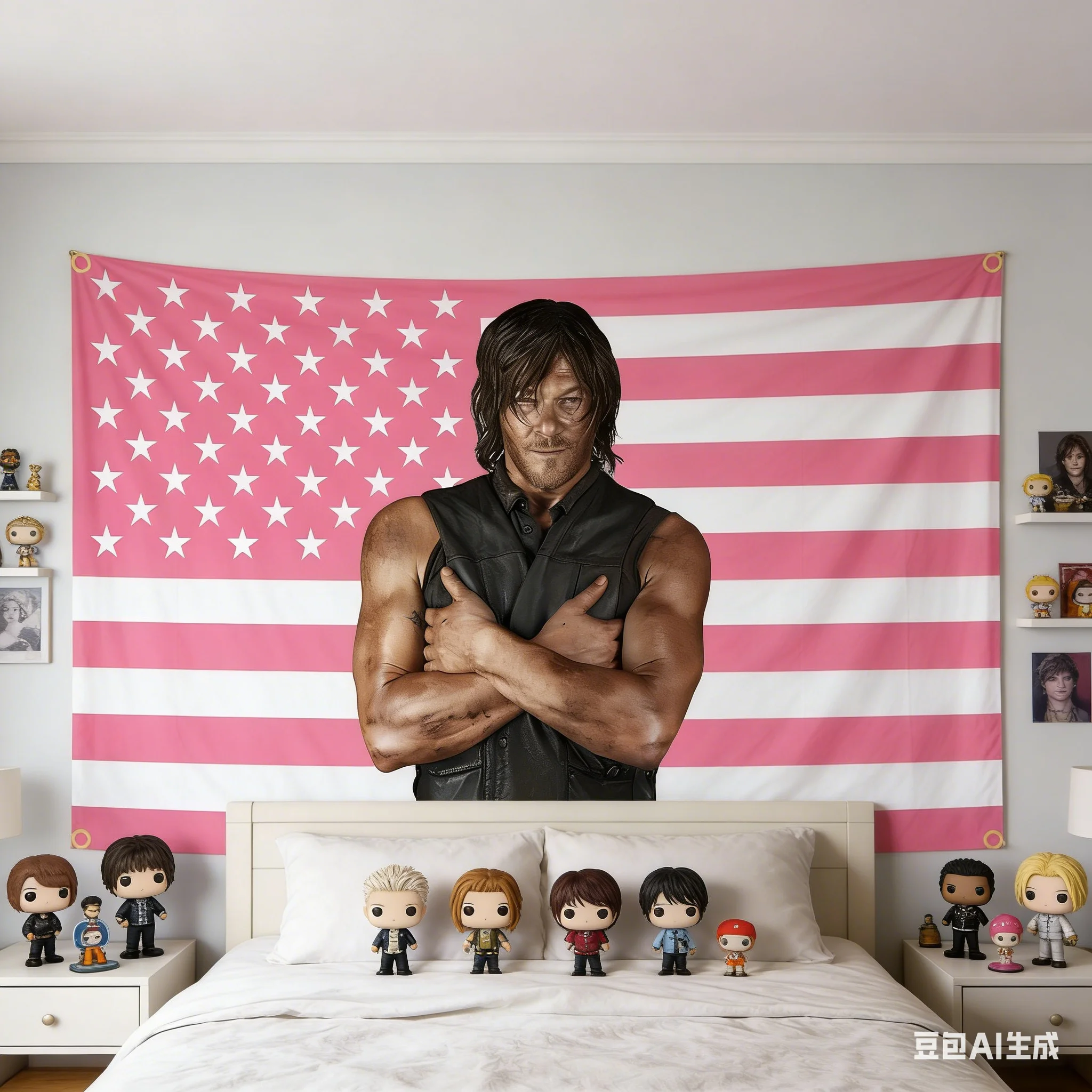 1 Stück Daryl Dixon Rosa Amerikanische Flagge Wandteppich für Schlafzimmer & Wohnzimmer, 2D Polyester Wanddekoration, Perfektes Geschenk für TV-Serien-Fans