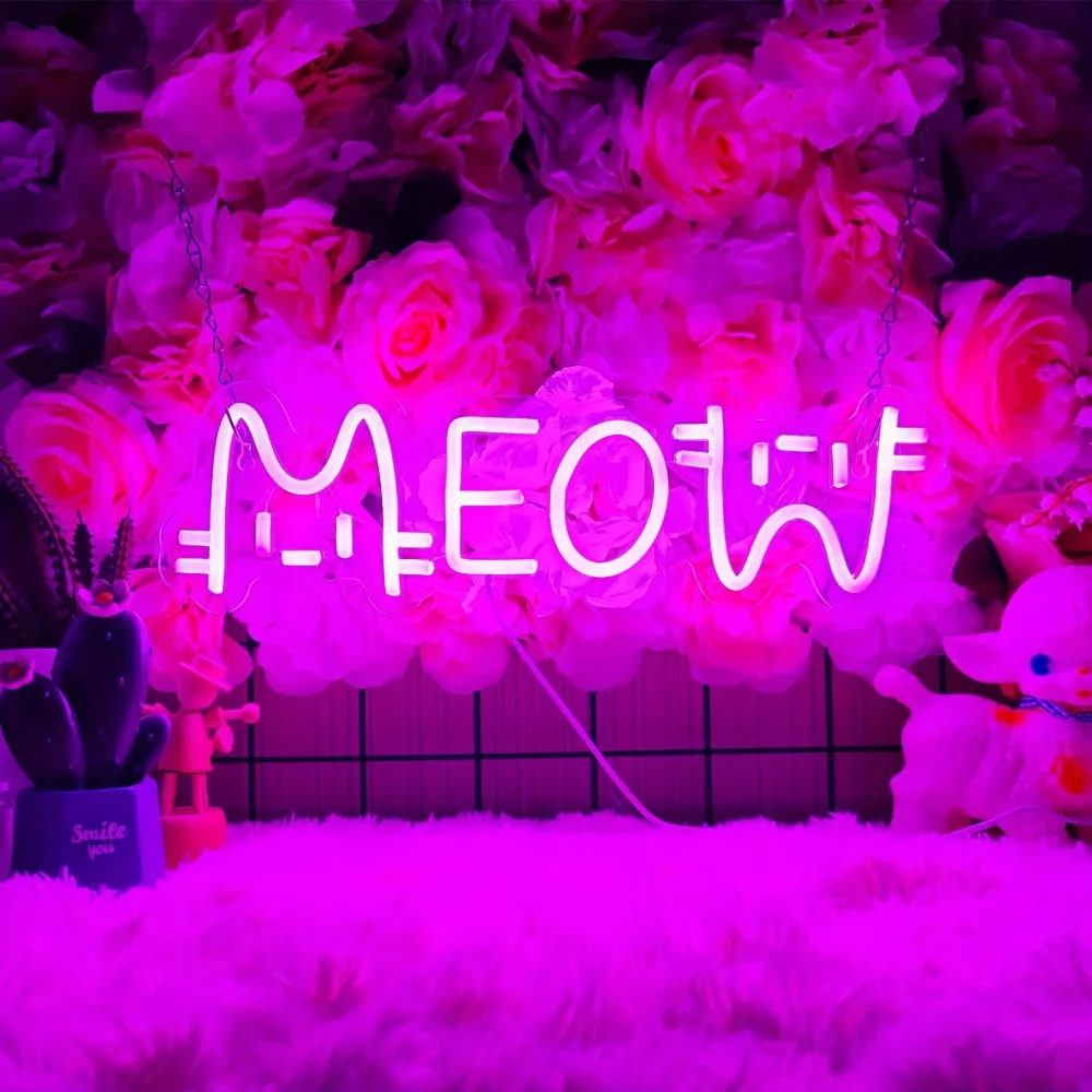 Pink Meow Neon Wall Art Decor, Cute LED Neon Sign, Suitable for Bedroom, Cat Shop, Restaurant, Kitchen, Man Cave, Home Bar Decor
