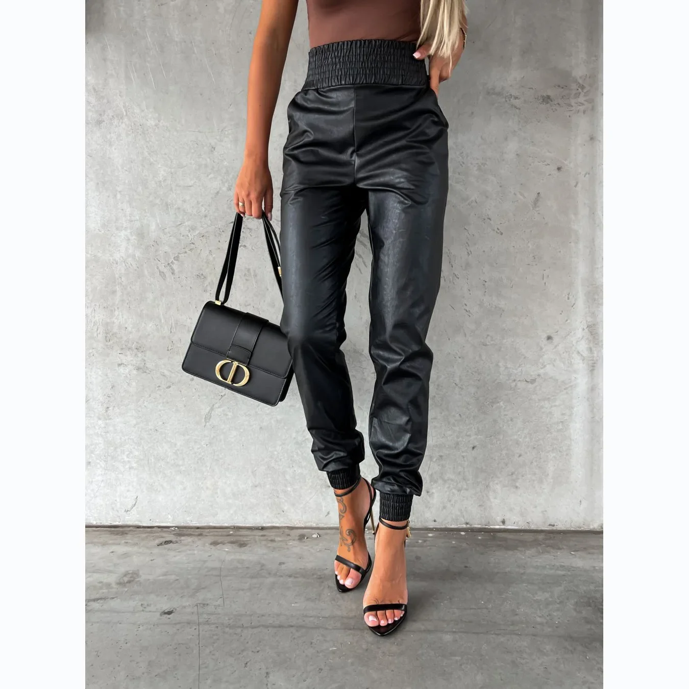 Street Trend Locomotive Autumn Winter Models Waist Casual Leather Women's High Waist Fit Solid Color Street Fashion Long Pants