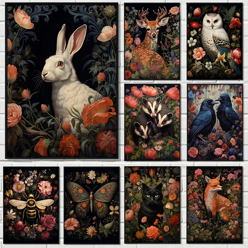 Vintage Dark Academia Floral Gothic Animals Rabbit Bee Owl Crow Illustration Poster Canvas Painting Wall Art Picture Home Decor