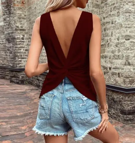 

Top Women 2026 Spring Summer New Solid Color Sexy Backless V-Neck Sleeveless Casual Daily Slim Fit Sports Vest Top