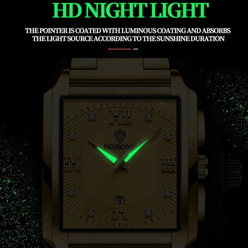 Binbond-メンズスクエアデザインのクォーツ時計,ステンレススチール,防水,スポーツ,ビジネス,ブランド,ラグジュアリー,高品質