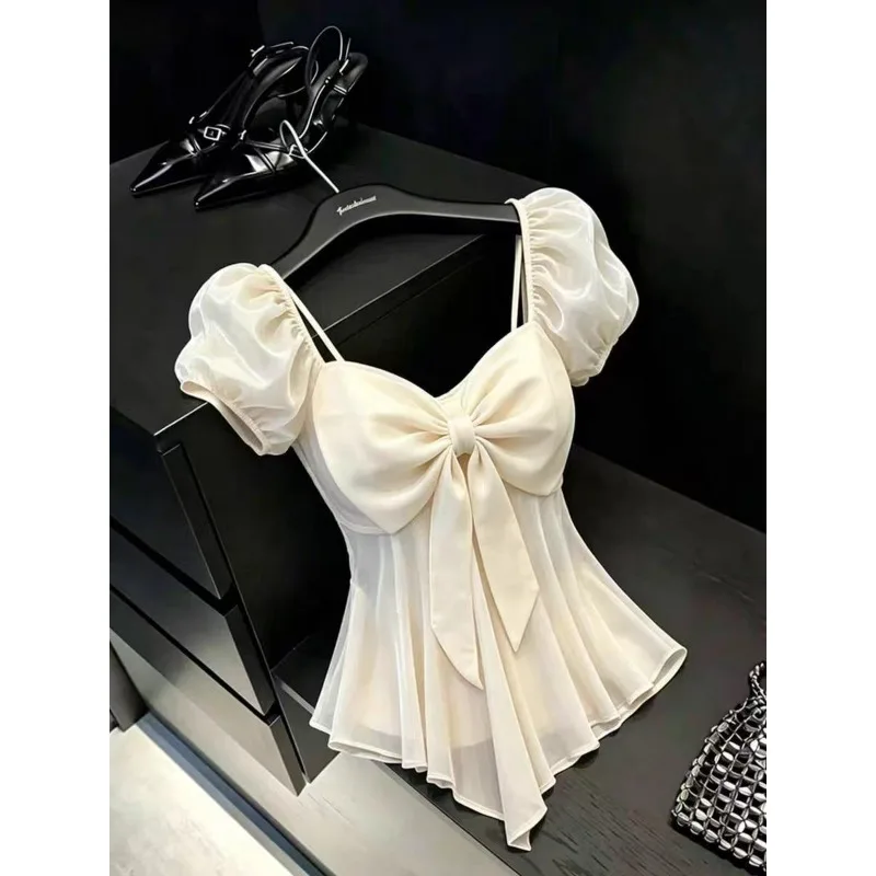 

French Light Luxury, Youthful, Fashionable and Super Good-looking White Bow Short-sleeved Shirt for Women's Summer New Mini Top