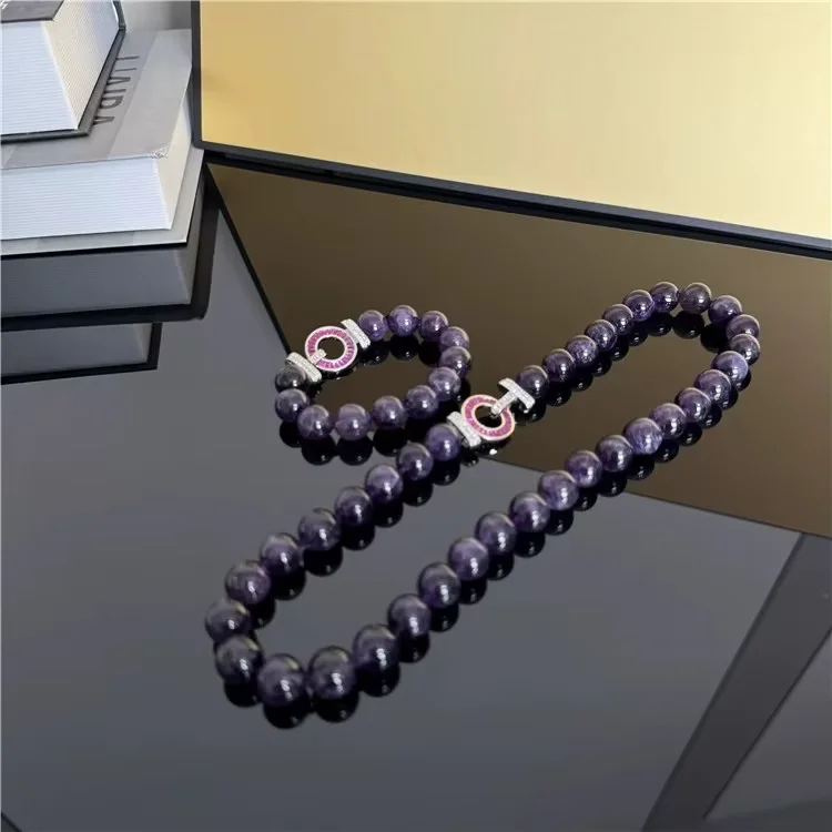 

New natural 12mm amethyst round bead necklace bracelet set