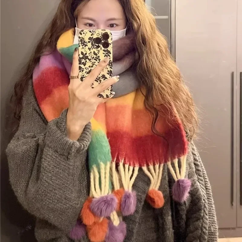 Rabbit hair ball women's high-end scarf versatile rainbow stripes soft sticky autumn and winter warm shawl scarf holiday gift