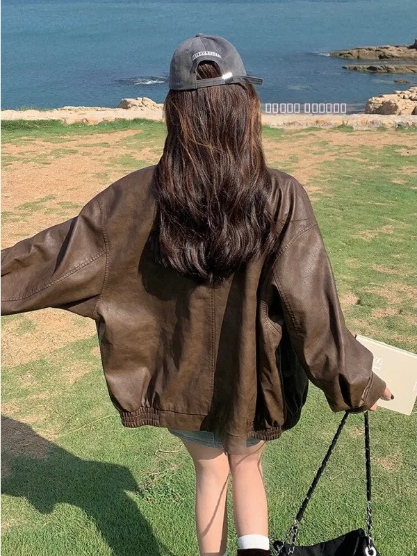 

Women's Fce Lined Thiened Biker Leather Jaet Outerwear Spring Early Season High Quali Small Size Faionable Coat