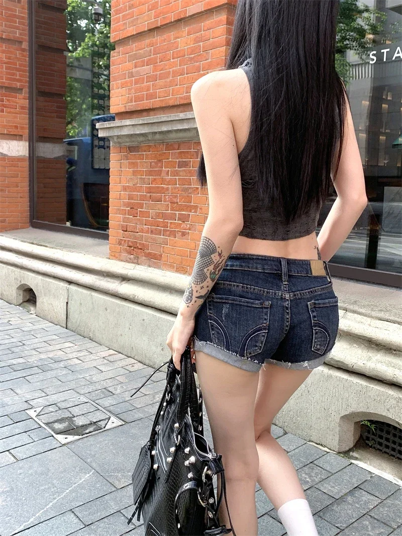 Calções jeans baixo cintura elástica apertada enrolada, menina rua casual hip wrap, mini shorts sexy, verão, novo, quente