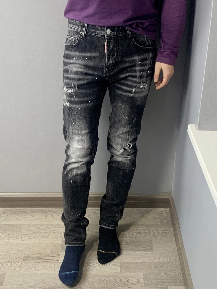 

High Quali Slim Fit Elastic Denim Jeans Men's D2 Station Heavy Proc Faionable Waed Youth Casual Wear Resistant