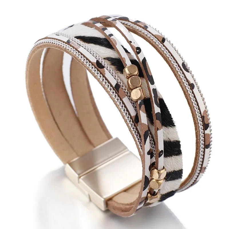 

Amorcome Vintage Leopard Printed Leather Bracelets Trendy Multilayer Animal Fur Metal Beads Wide Wrap Bracelet Femme Pulseras