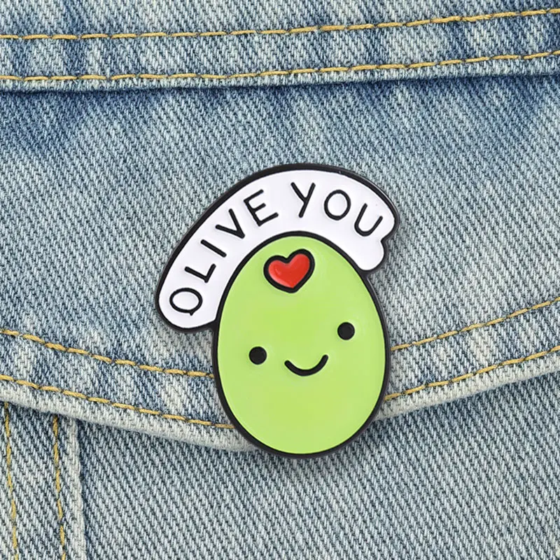 Olive You Pun Enamel Pins Kawaii Green Olive With Red Heart Brooches Romance Badge Valentine Jewelry Gift for Friends