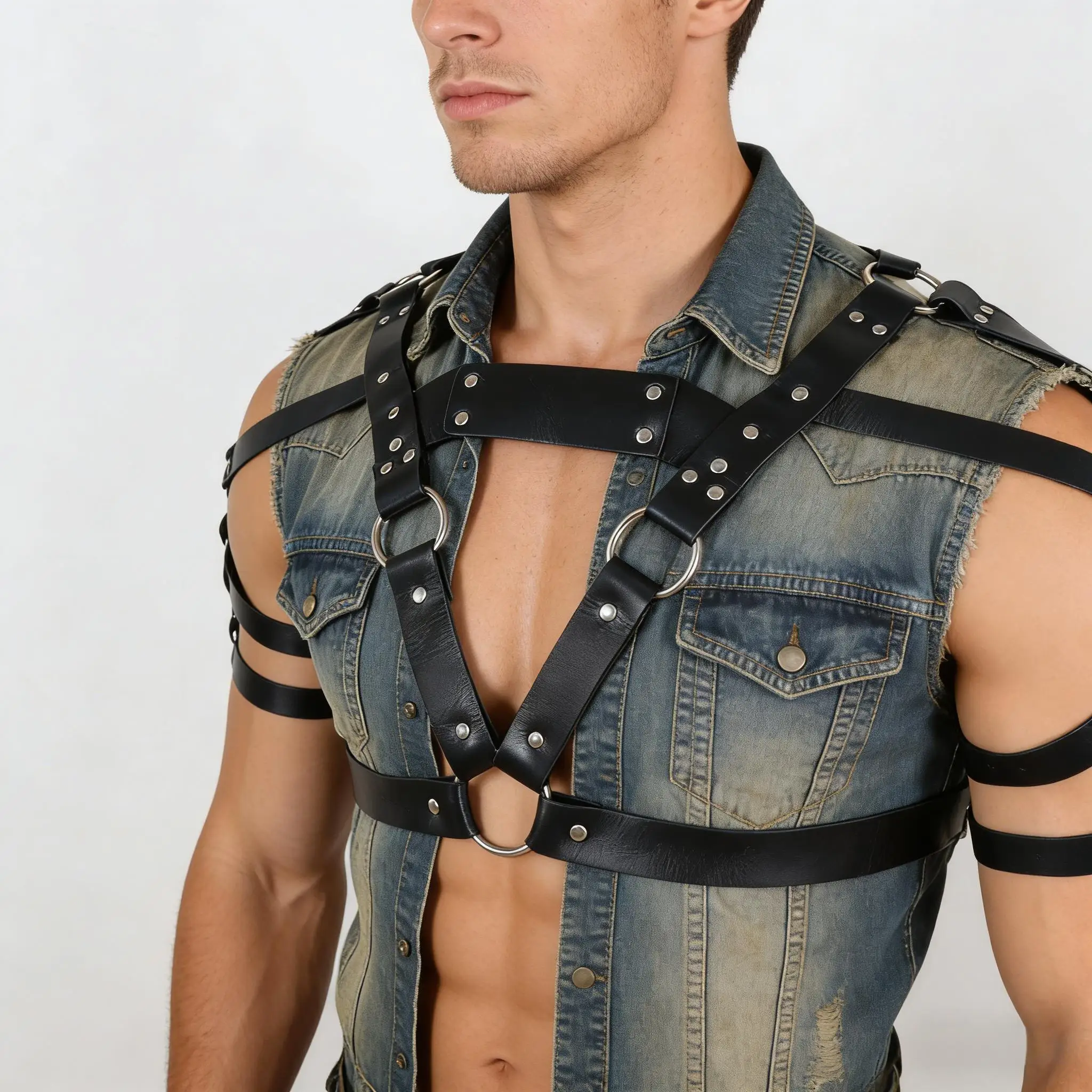 Image of Herren Punk Taillengürtel, Gotischer Schwarzer Leder-Brustgurt Verstellbar mit Schnallen und O-Ringen Kostüm-Accessoire